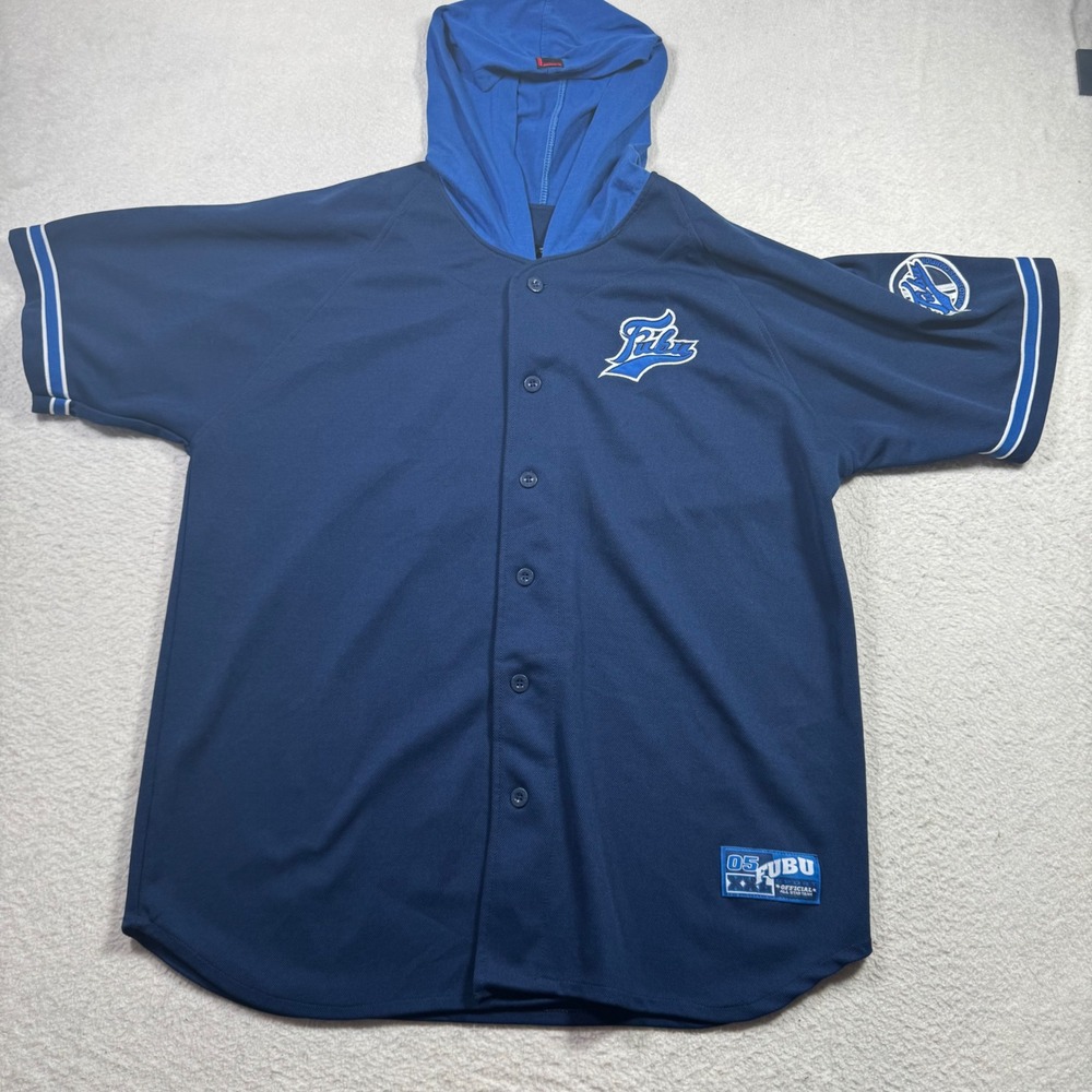 FUBU Baseball Jersey Hooded Mens XL Blue Vintage Y2K 05 Mesh Streetwear Urban